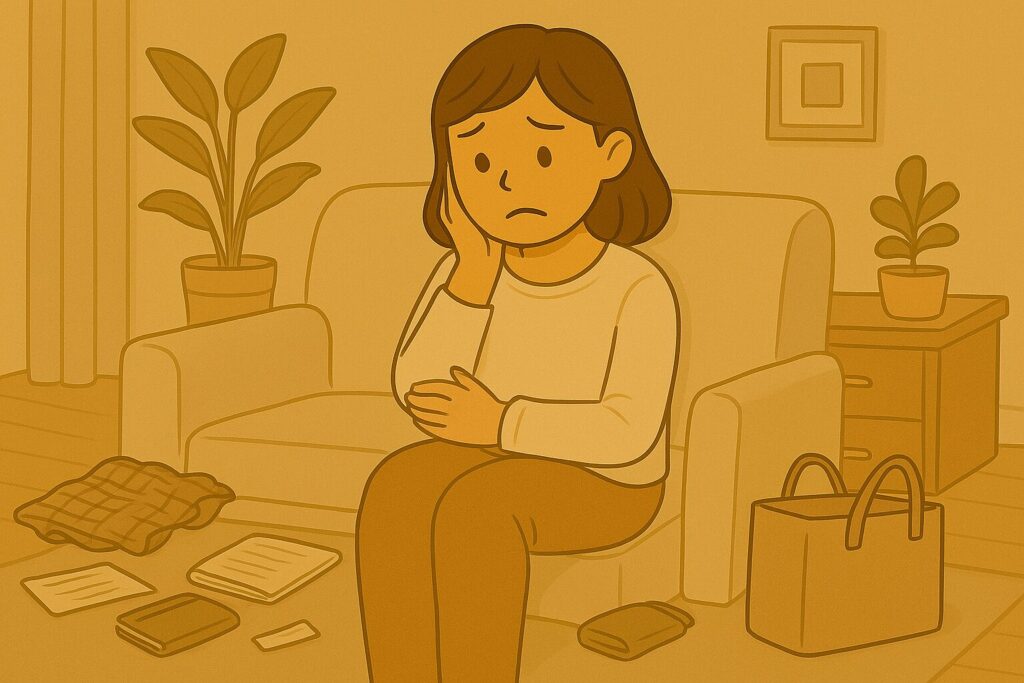 女性が部屋が散らかっていることに何から手をつければいいのか困っている画像