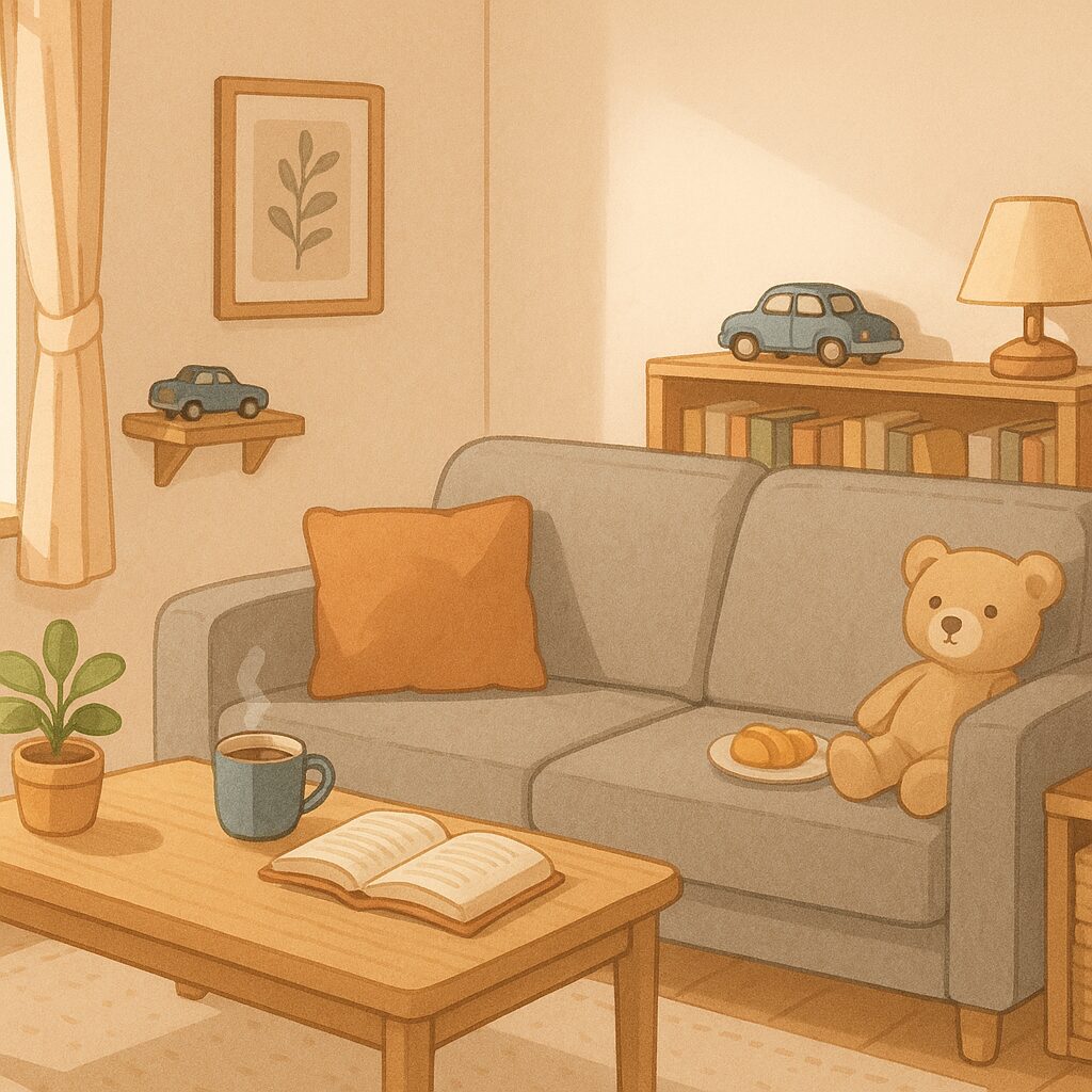 やわらかな夕暮れの光が差し込む、整った部屋のイラスト。観葉植物や照明、本が並び、心地よい空間が広がっている。