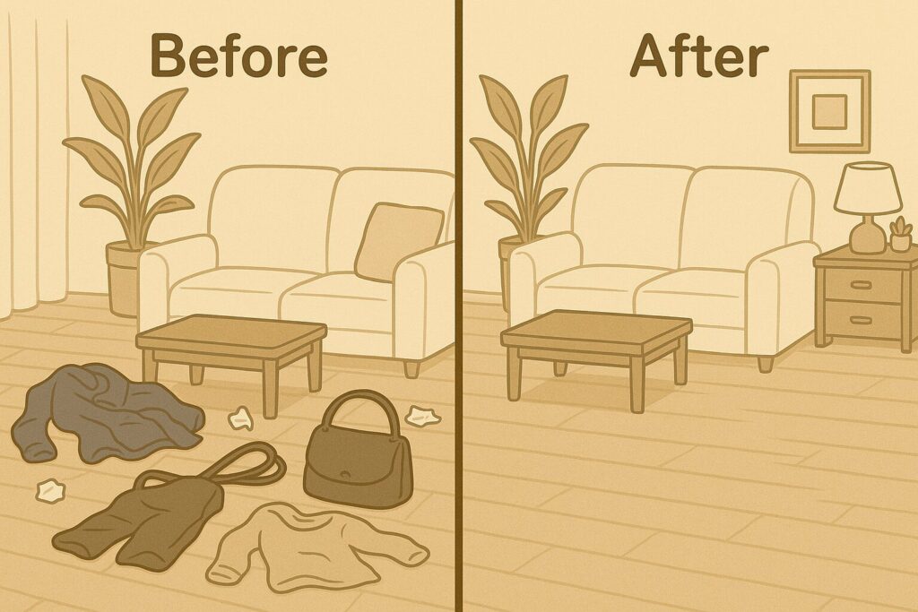Before：床がモノで散らかっている状態
After：床がモノがなくなりきれいになっている状態