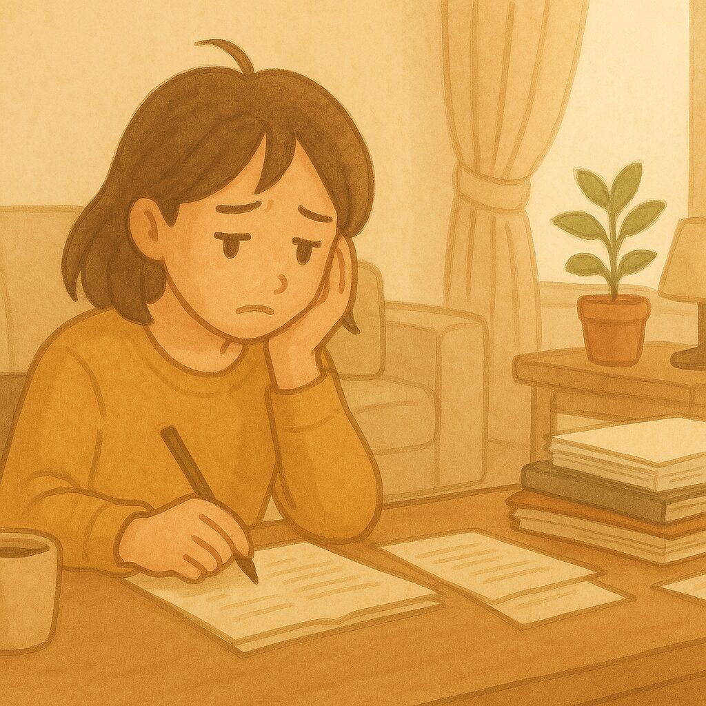 真面目にタスクをこなそうとしているけど、どこか疲れた表情の人物
の画像
