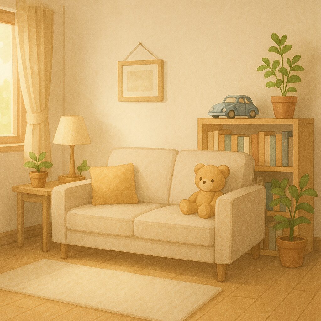 青いブリキの車や本、小さな植物などが並ぶ、やさしい雰囲気の整った部屋のイラスト。ぬくもりと心地よさが感じられる空間。