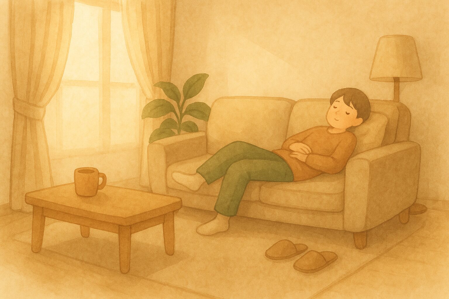 やわらかな光が差し込むリビングで、ソファにゆったり座ってうたた寝している人物の画像
