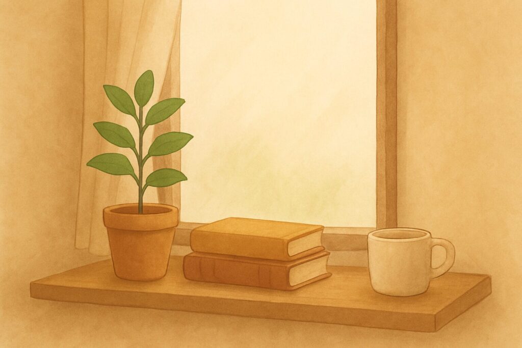 窓辺に観葉植物と本とカップが置かれている静かな空間の画像