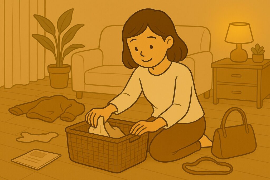 女性が床に散らばったモノをかごに入れて整理している様子
