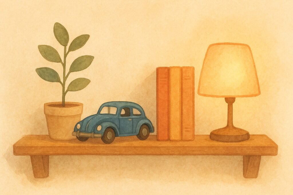 ブリキの車や本、間接照明、観葉植物が並ぶ棚のイラスト。お気に入りを厳選して飾った、自分らしさのある空間。