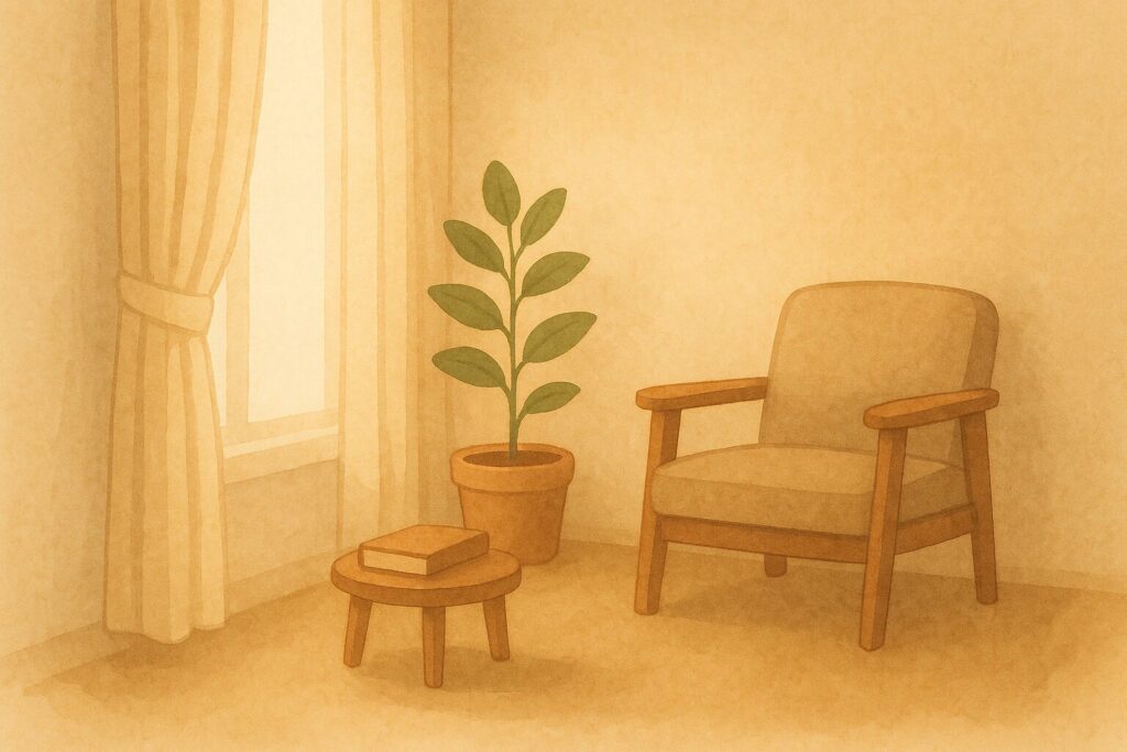 やわらかな光がカーテン越しに差し込む静かな部屋の一角のイラスト。椅子や本、観葉植物がそっと置かれている。